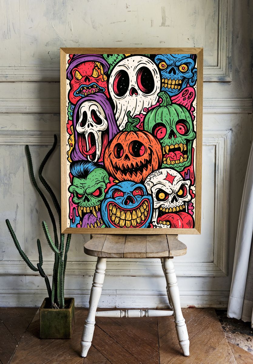Halloween Monster Skulls Illustration Poster. — room view 1