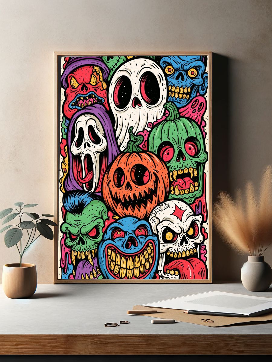 Halloween Monster Skulls Illustration Poster. — room view 2