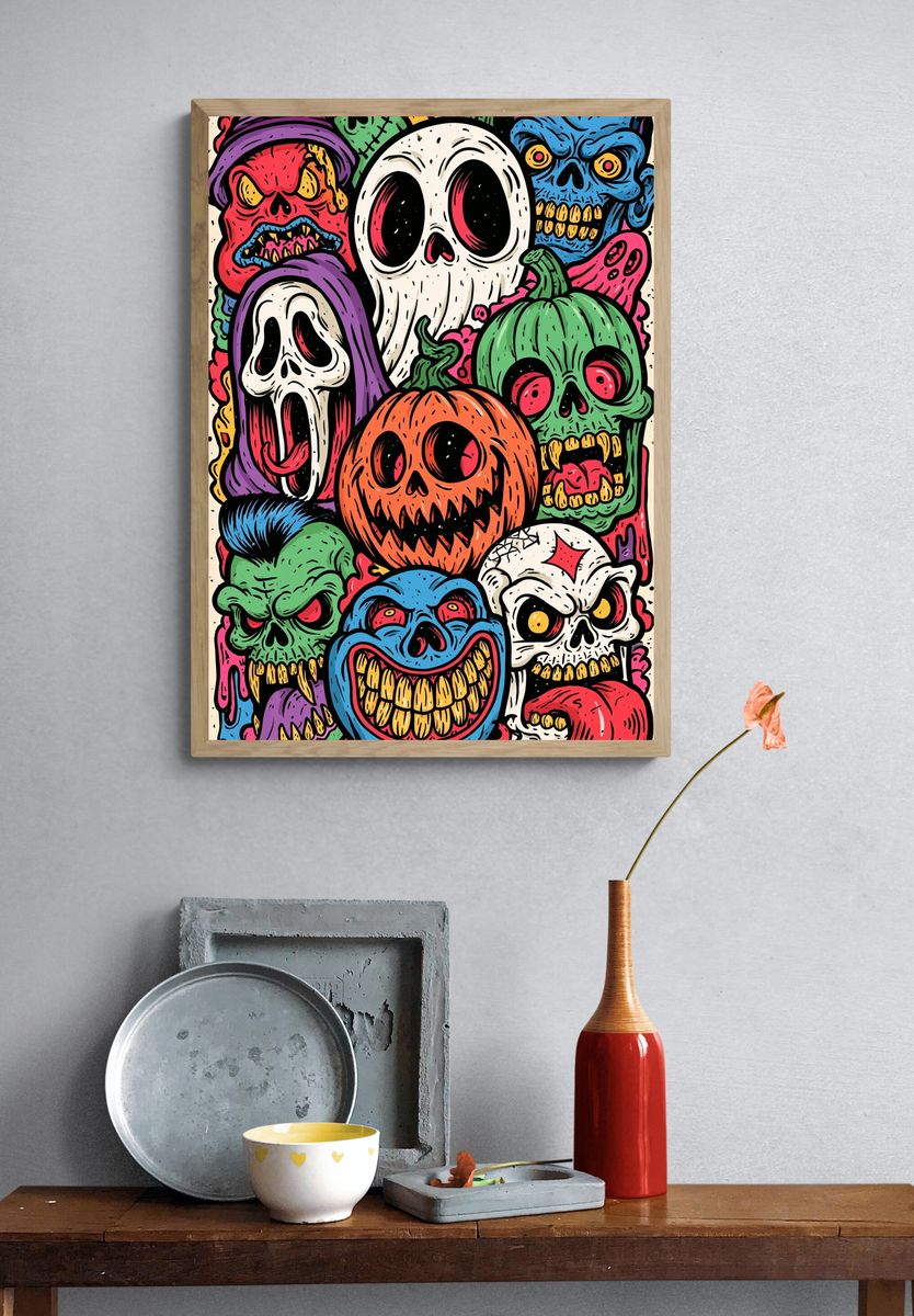 Halloween Monster Skulls Illustration Poster. — room view 3