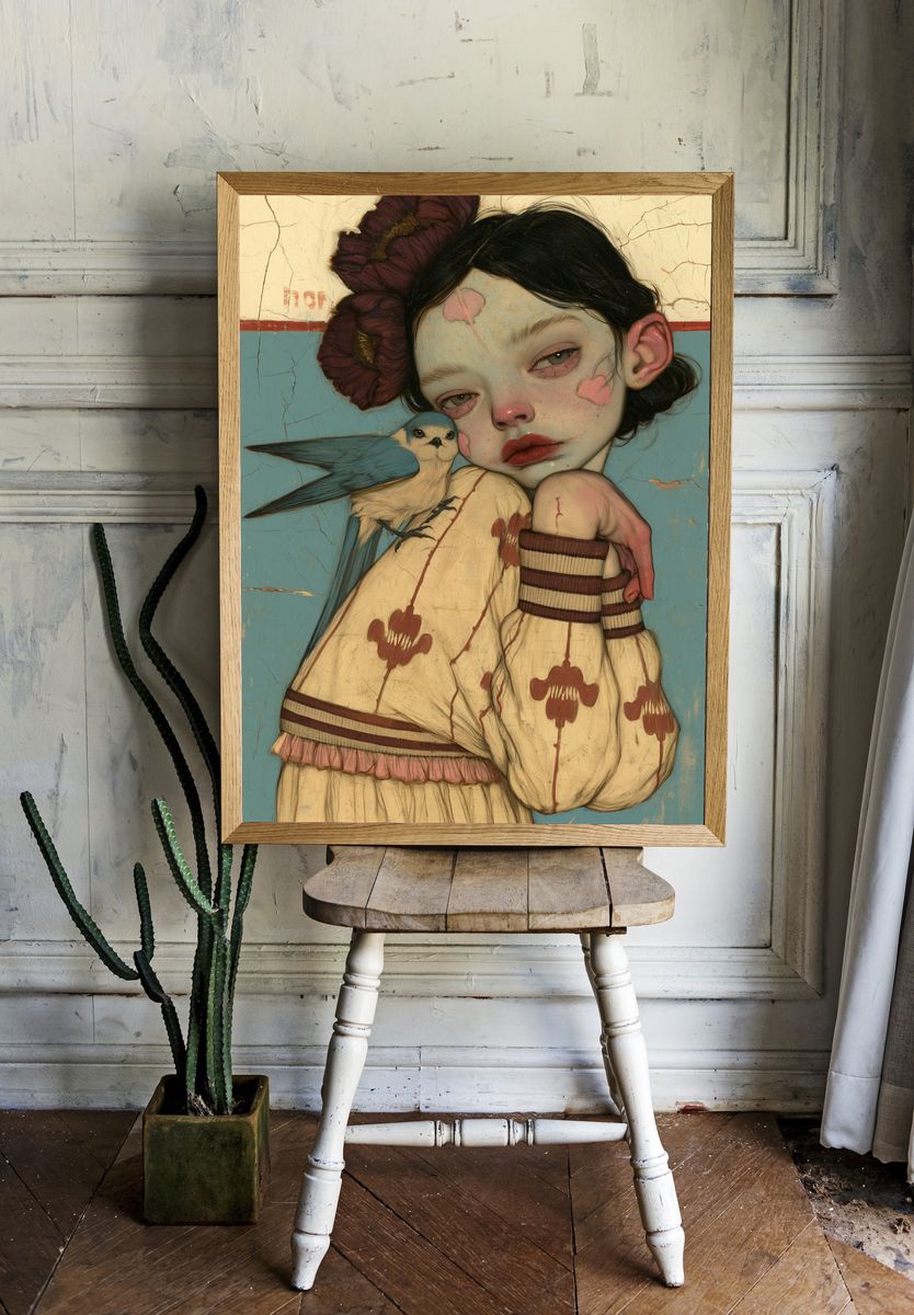 Girl with Bird Surrealism Print. room preview