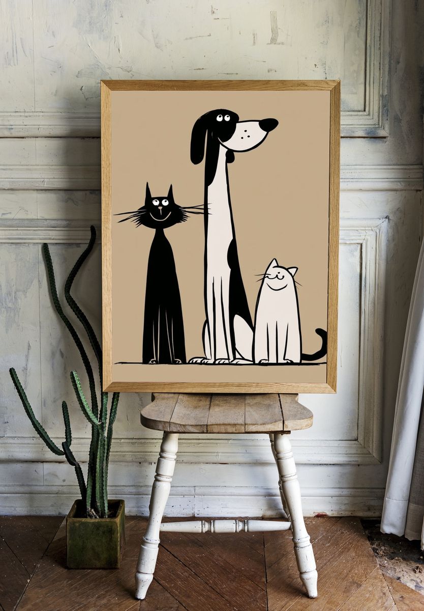 Playful Cats and Dog Illustration Poster. — room view 1