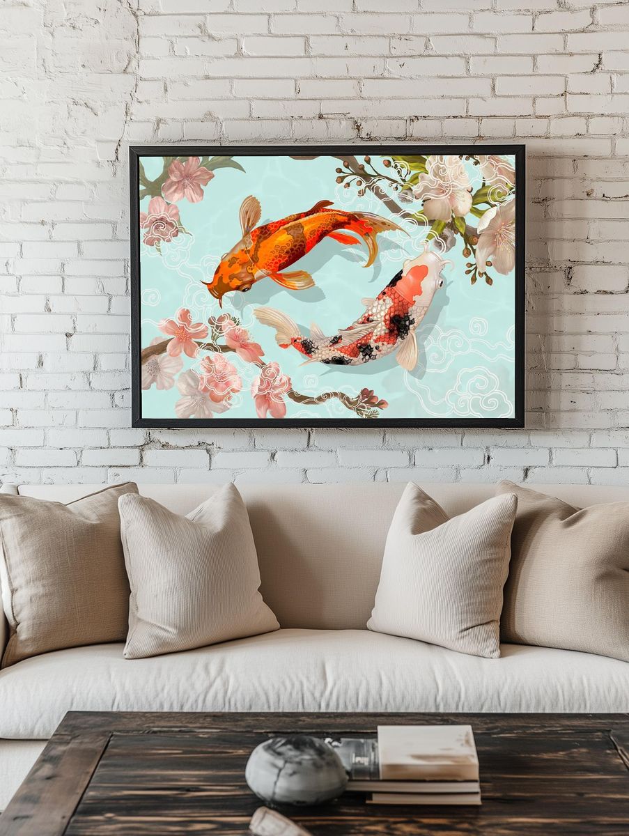 Two Japanese Koi fish swimming. room preview