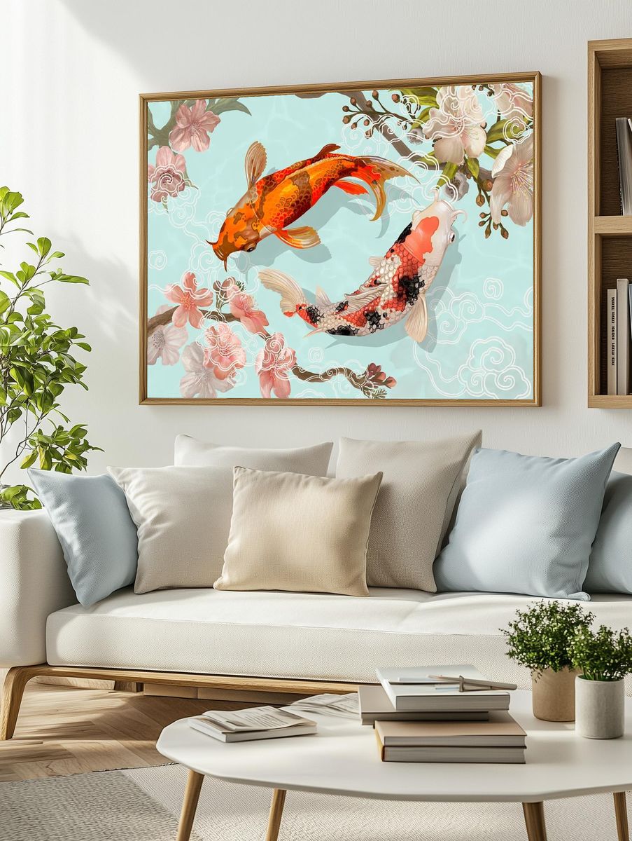 Two Japanese Koi fish swimming. — room view 2