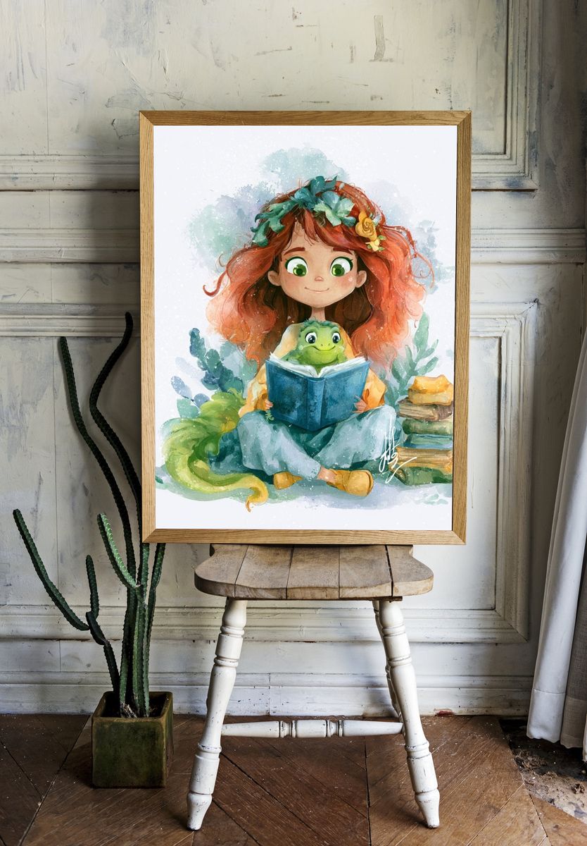 Girl and Turtle Watercolor Print. room preview
