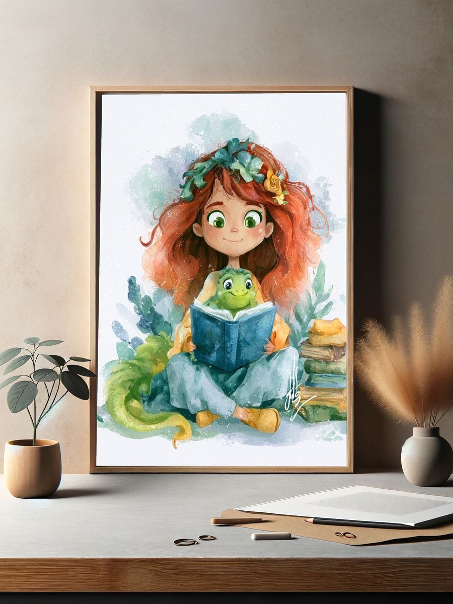 Girl and Turtle Watercolor Print. — room view 2