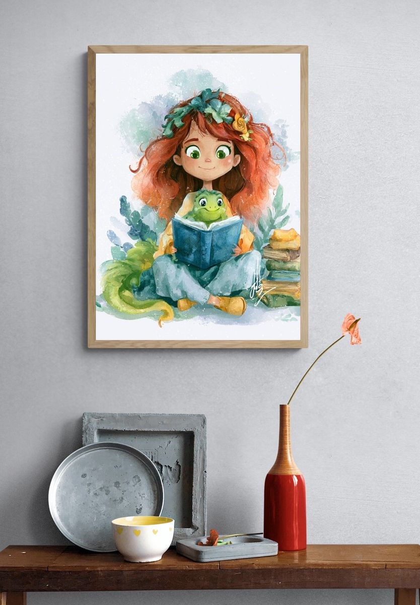 Girl and Turtle Watercolor Print. — room view 3