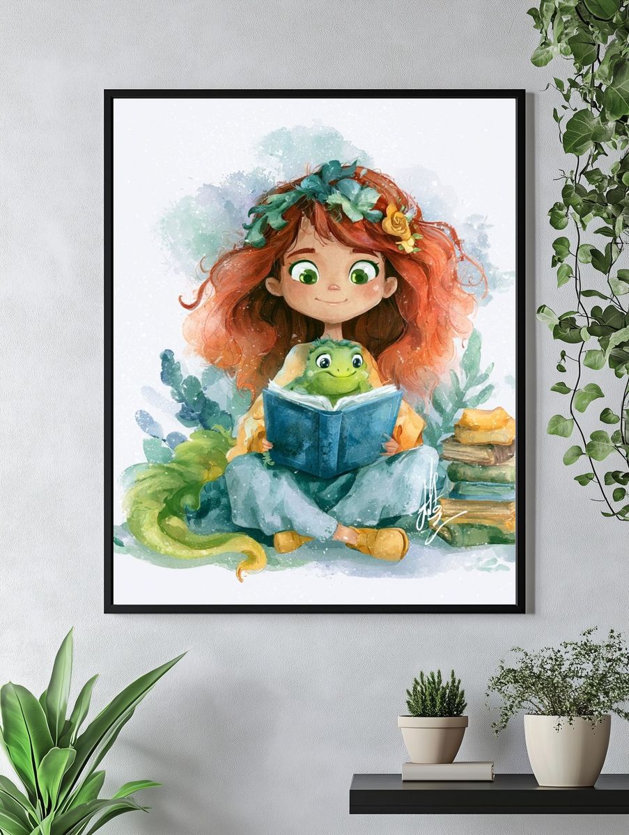 Girl and Turtle Watercolor Print. — room view 4