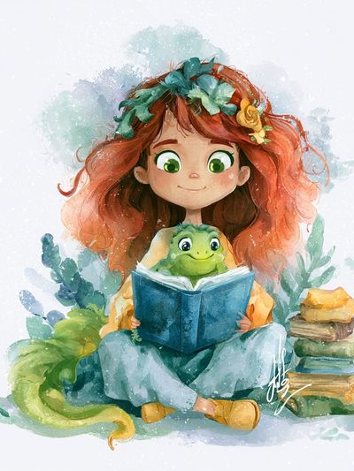Girl and Turtle Watercolor Print. poster