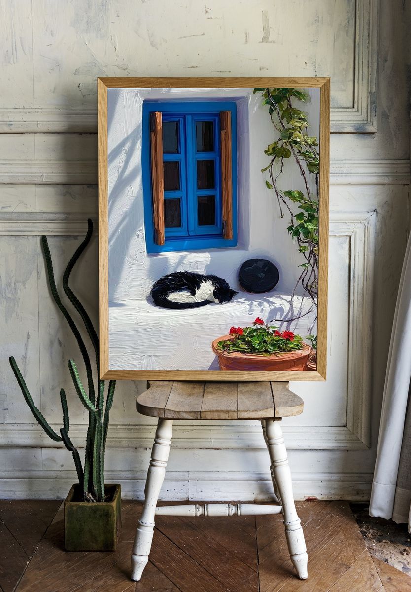 Sleeping Cat Courtyard — Illustration Print. room preview