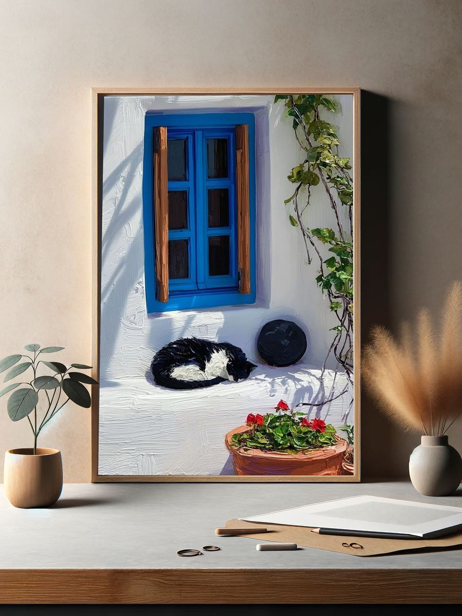 Sleeping Cat Courtyard — Illustration Print. — room view 2