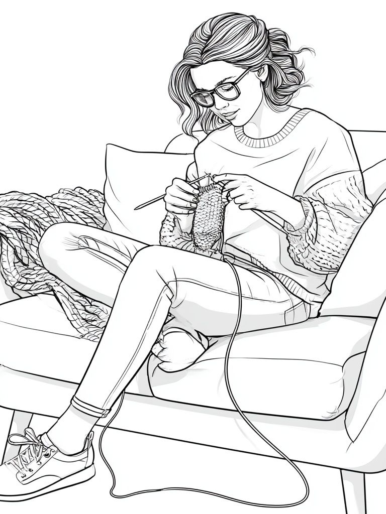 Knitting Woman Line Art Poster. poster detail
