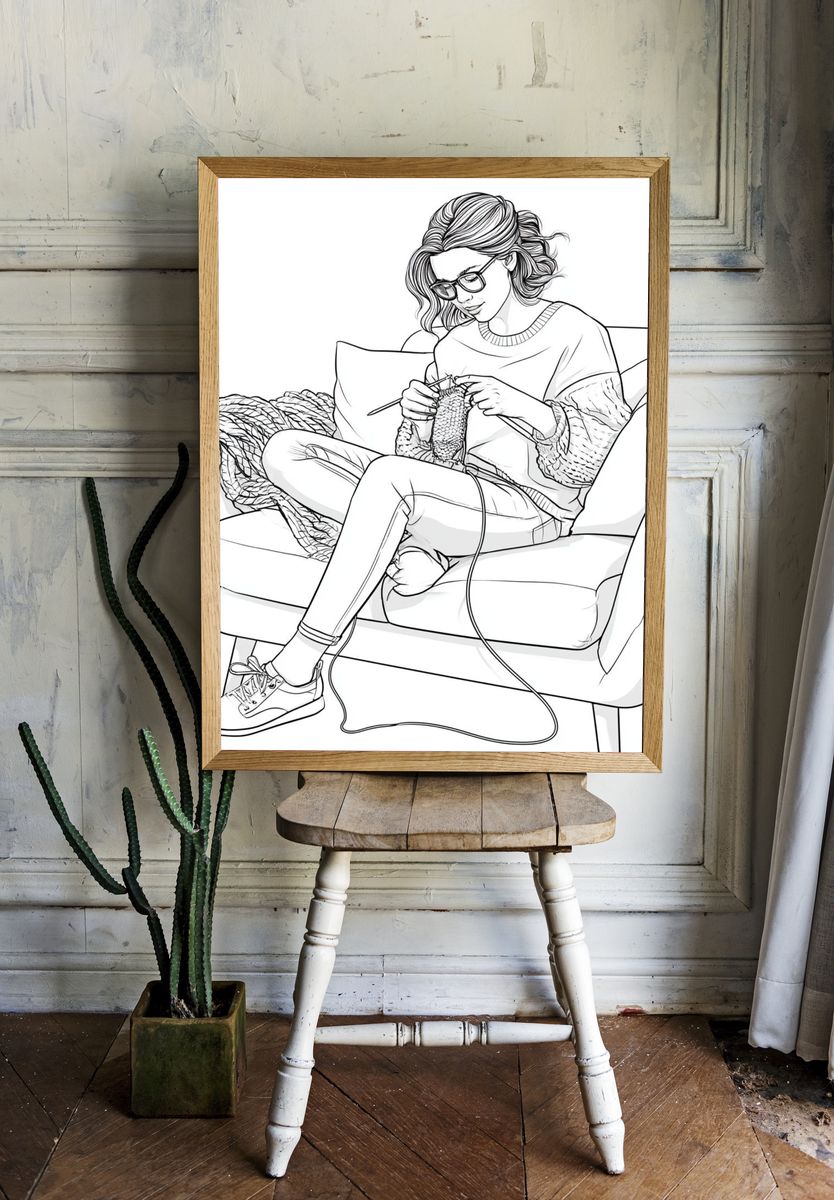 Knitting Woman Line Art Poster. — room view 1