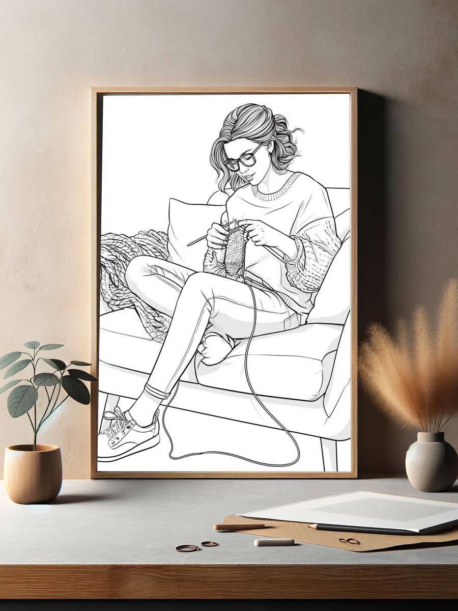 Knitting Woman Line Art Poster. — room view 2