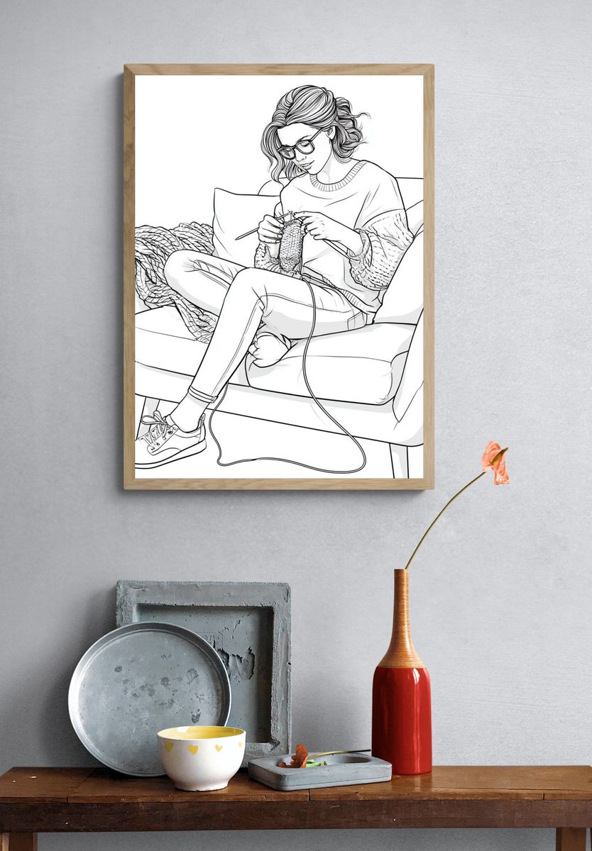 Knitting Woman Line Art Poster. — room view 3