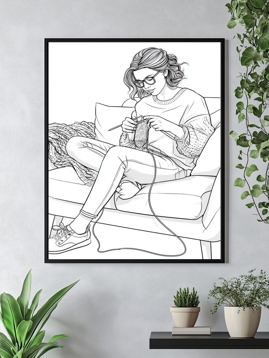 Knitting Woman Line Art Poster. — room view 4