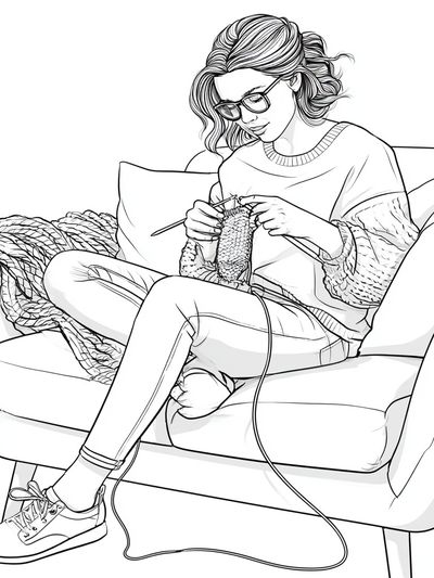 Knitting Woman Line Art Poster.