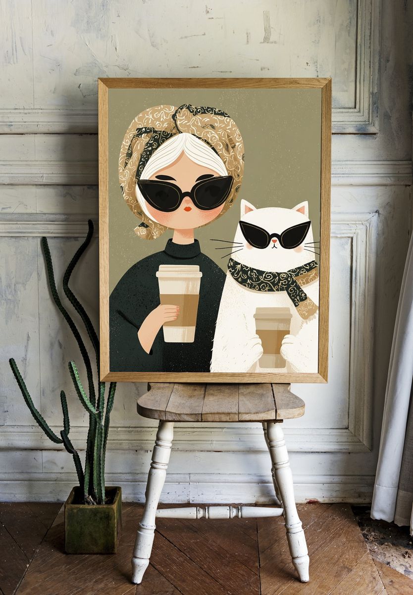 Coffee Girl and Cat Illustration Poster. room preview