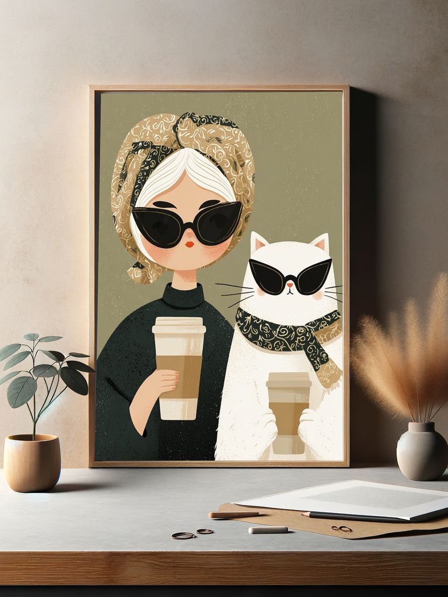 Coffee Girl and Cat Illustration Poster. — room view 2