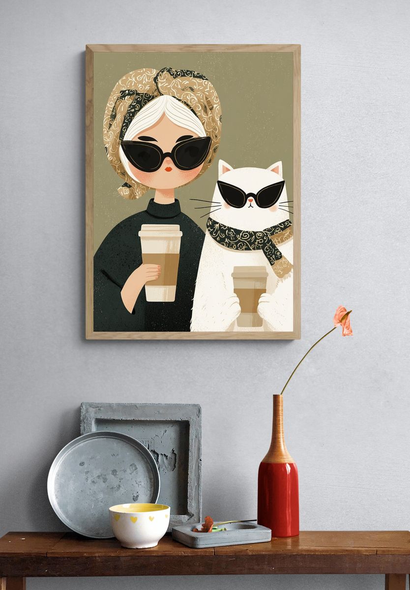 Coffee Girl and Cat Illustration Poster. — room view 3