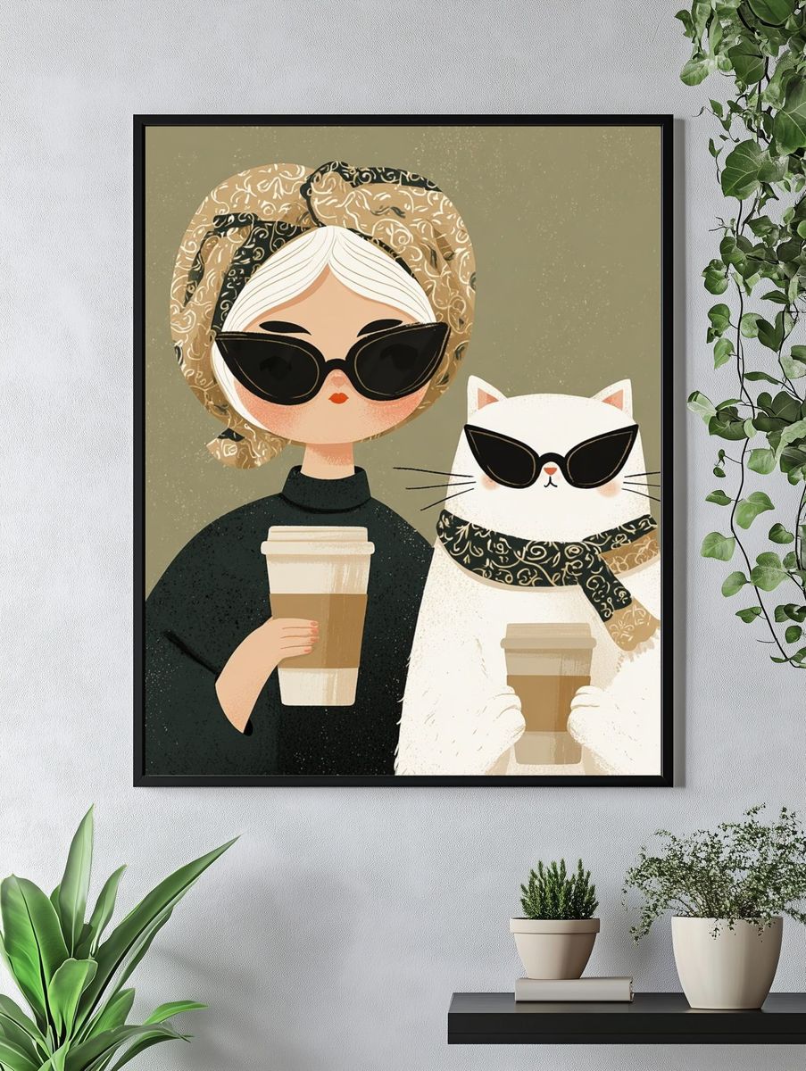 Coffee Girl and Cat Illustration Poster. — room view 4