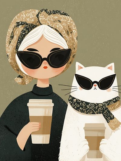 Coffee Girl and Cat Illustration Poster.