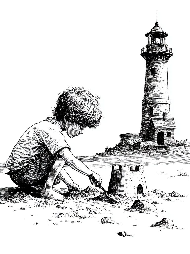 Boy Building Lighthouse Ink Print. poster detail