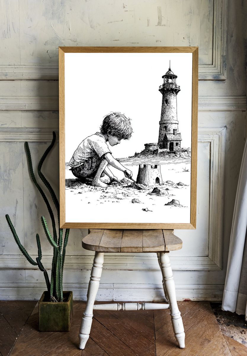 Boy Building Lighthouse Ink Print. — room view 1