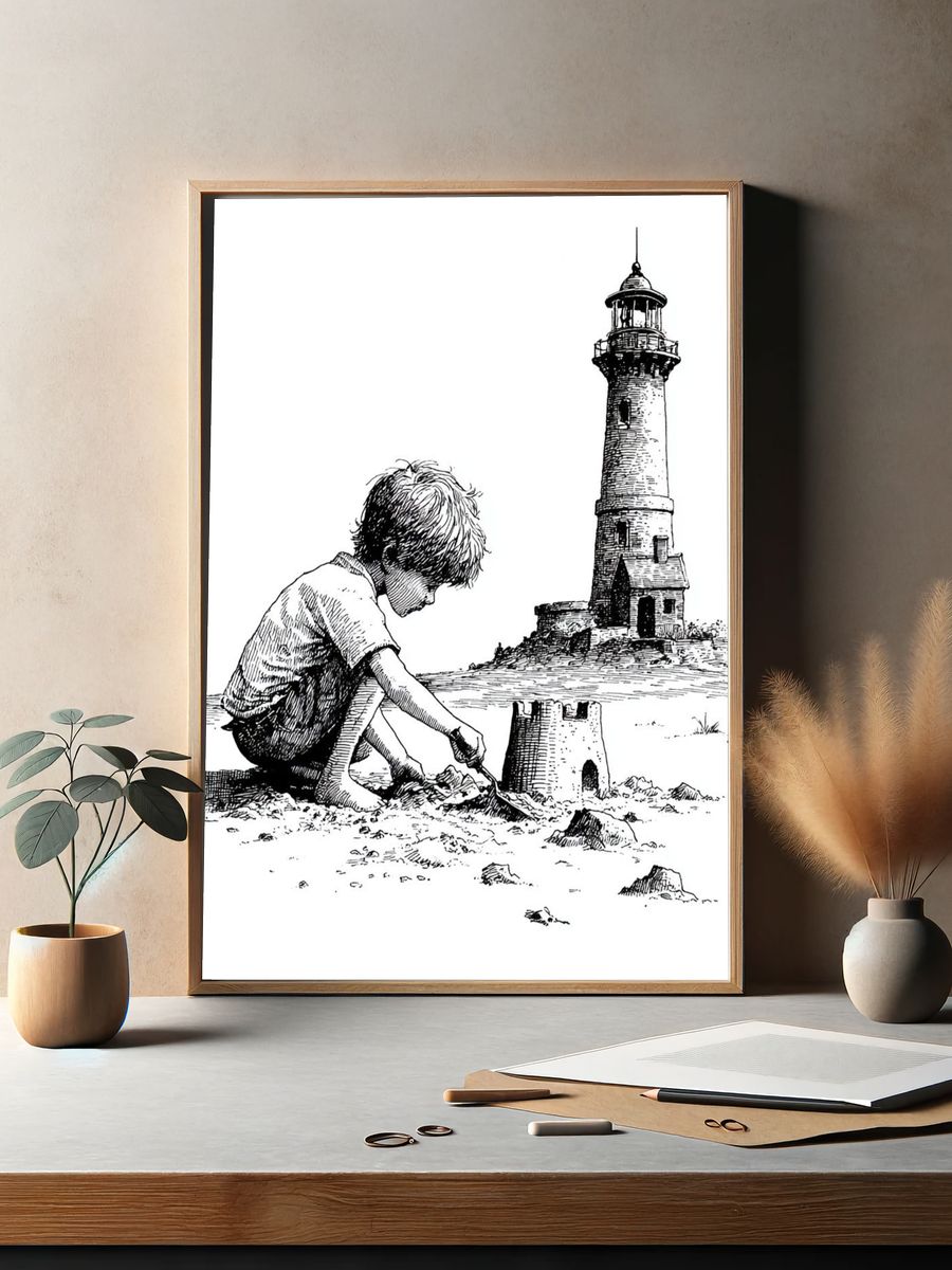 Boy Building Lighthouse Ink Print. — room view 2