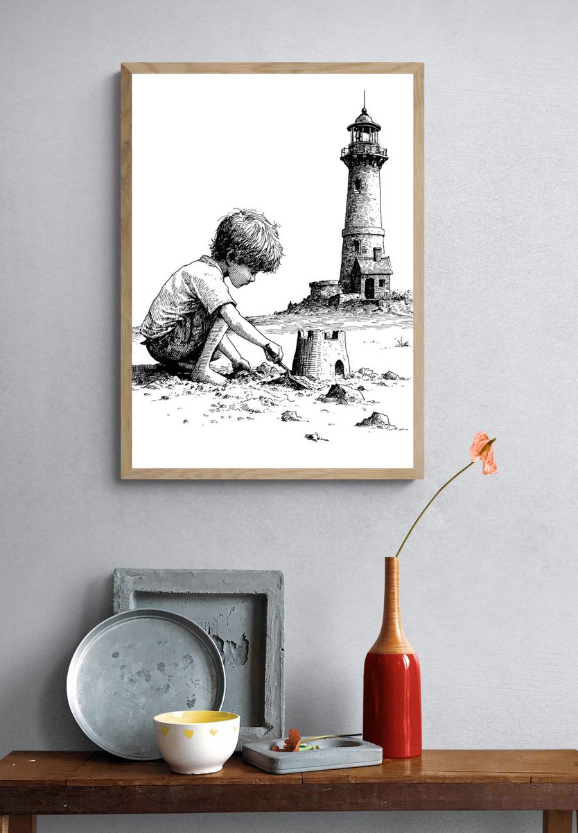 Boy Building Lighthouse Ink Print. — room view 3