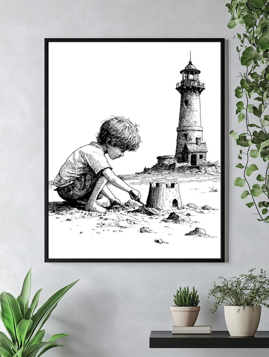 Boy Building Lighthouse Ink Print. — room view 4