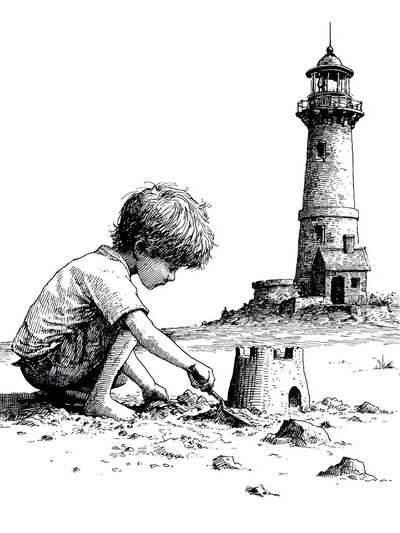 Boy Building Lighthouse Ink Print. poster print