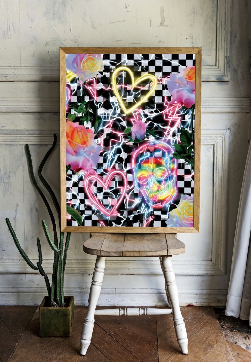 Neon Roses and Skulls Pop-Art Poster. — room view 1