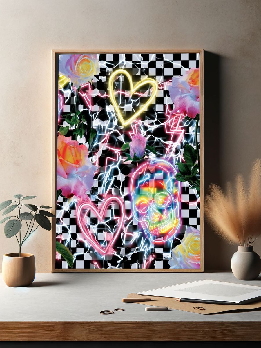 Neon Roses and Skulls Pop-Art Poster. — room view 2