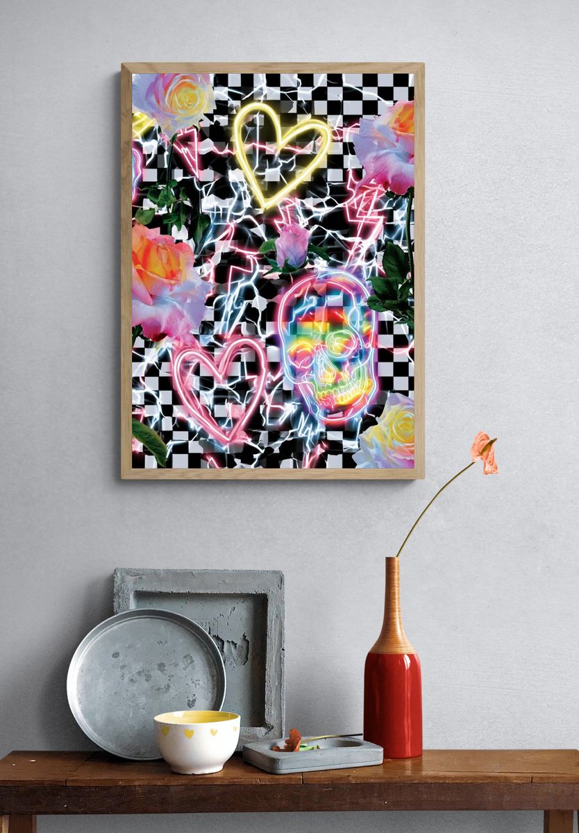 Neon Roses and Skulls Pop-Art Poster. — room view 3