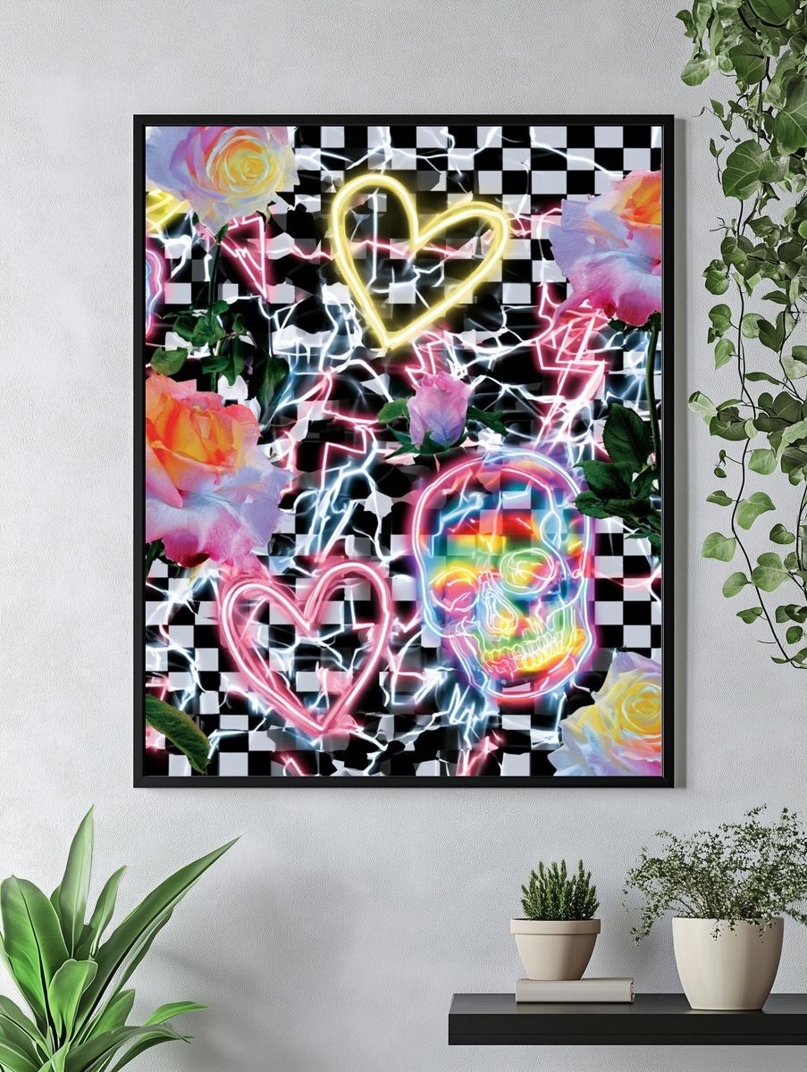 Neon Roses and Skulls Pop-Art Poster. — room view 4
