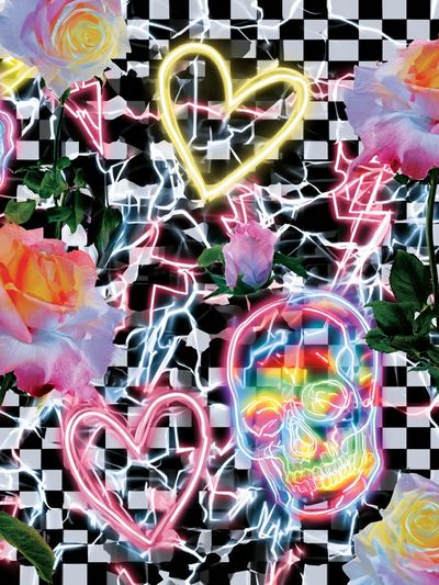 Neon Roses and Skulls Pop-Art Poster.