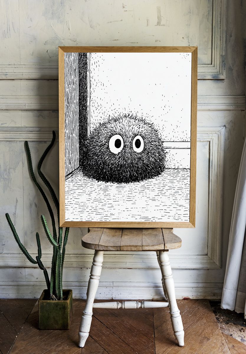 Fuzzy Creature Black-White Print. room preview