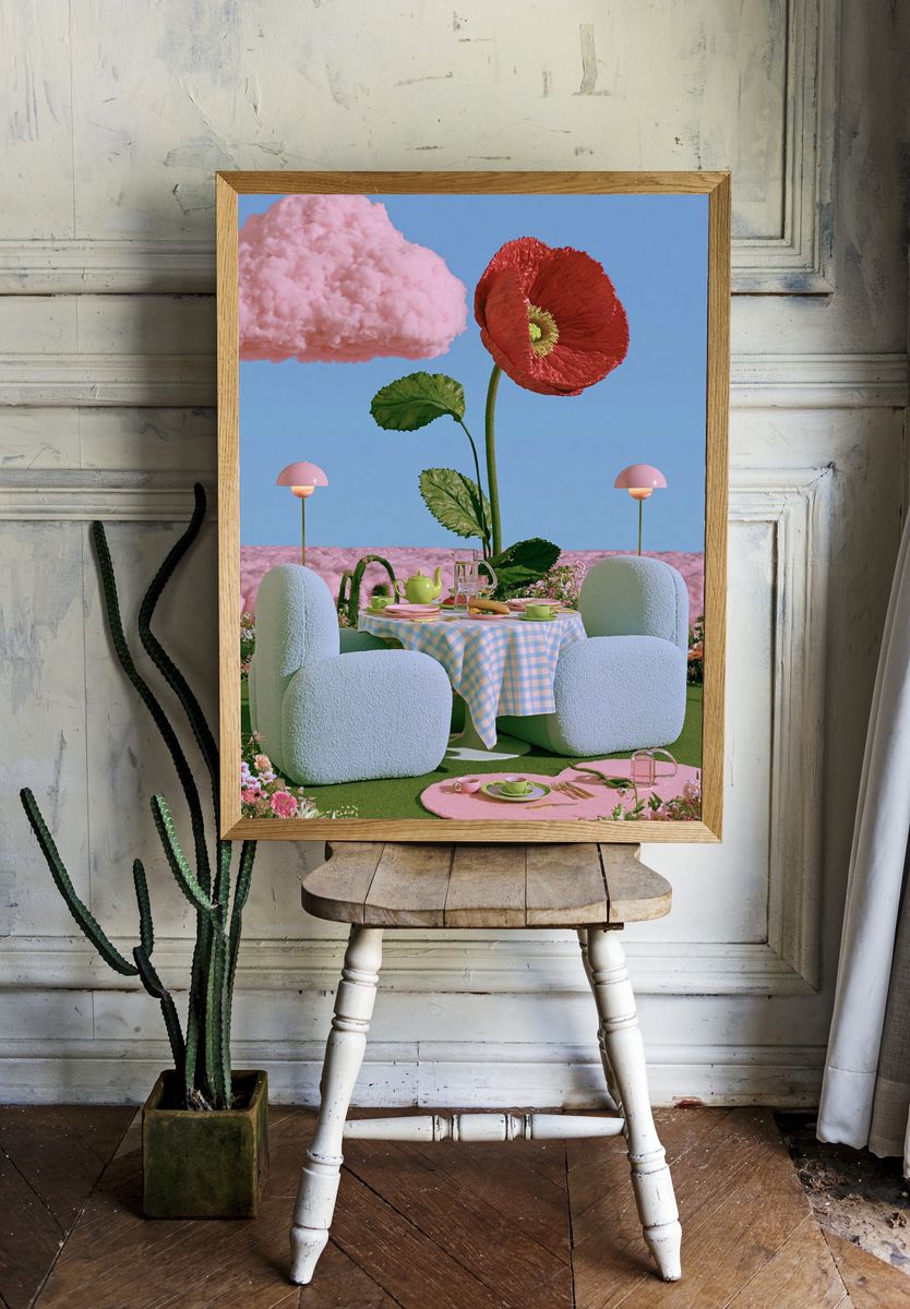 Surreal Floral Picnic Illustration Poster. — room view 1