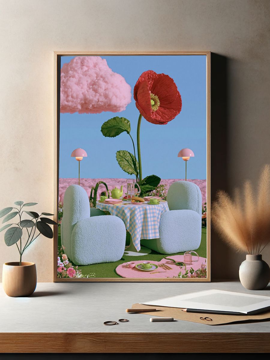Surreal Floral Picnic Illustration Poster. — room view 2