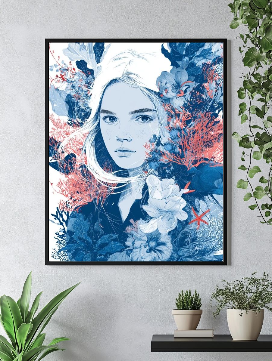 Coral Bloom Portrait Illustration Poster. — room view 4