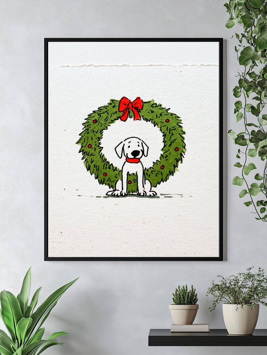 Christmas Dog Wreath Illustration Poster. — room view 4