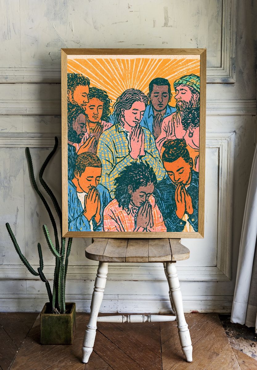 Praying Community Illustration Poster. — room view 1