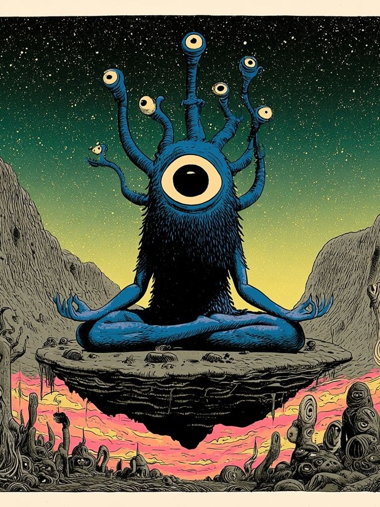 Cosmic Eyeball Meditator Illustration Poster. poster detail