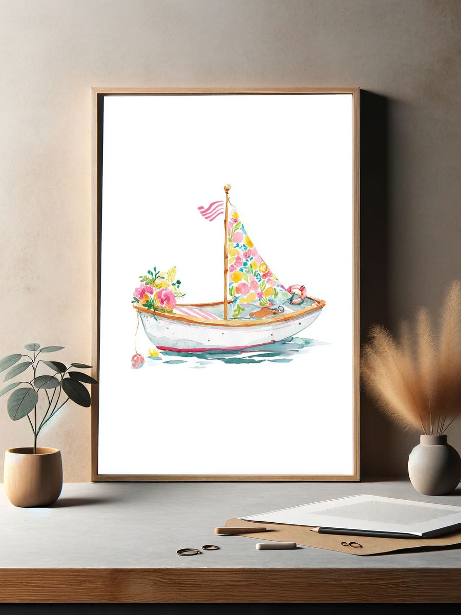 Floral Sailboat Watercolor Poster. — room view 2