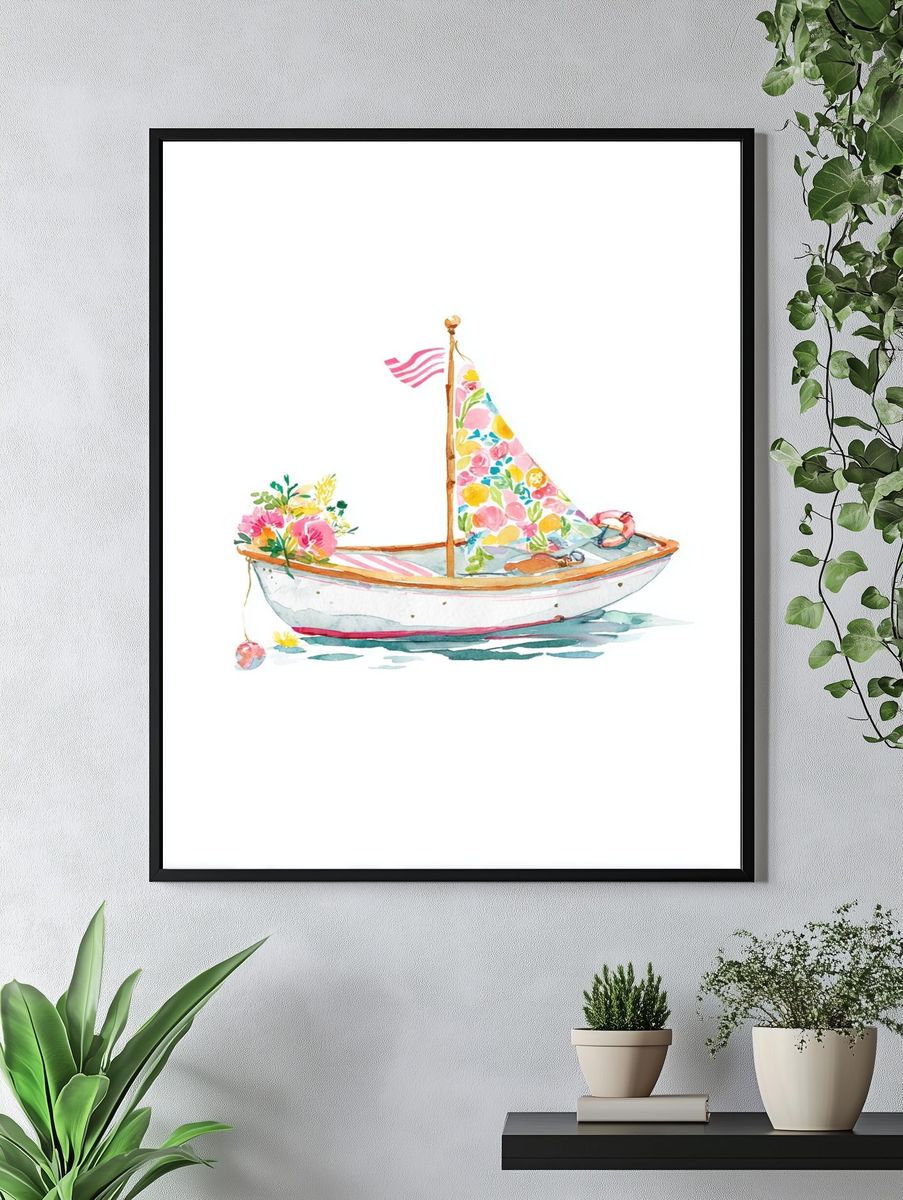Floral Sailboat Watercolor Poster. — room view 4