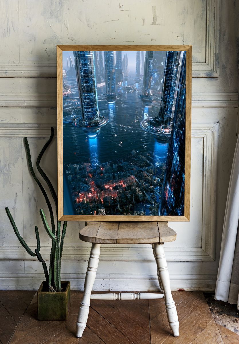 Futuristic Skyline Over Water Poster. room preview