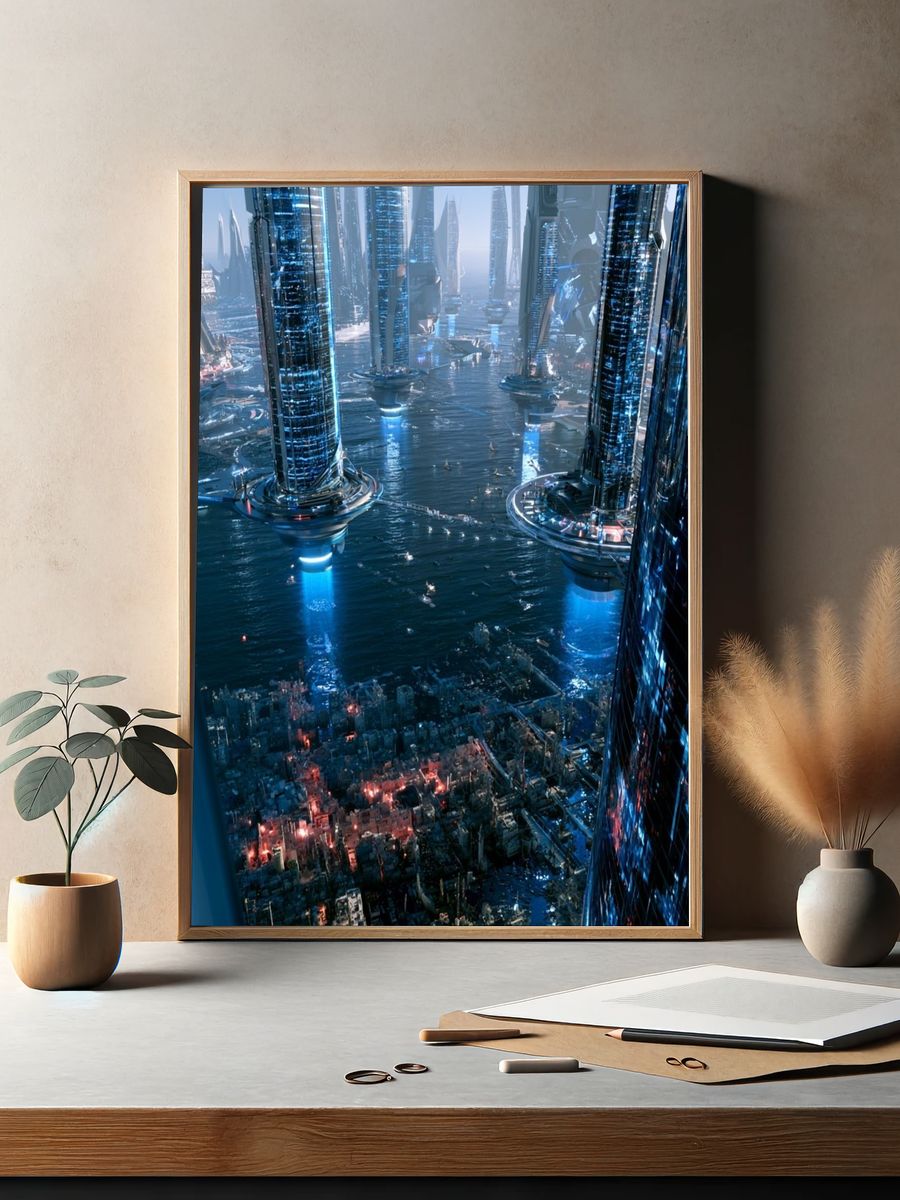 Futuristic Skyline Over Water Poster. — room view 2