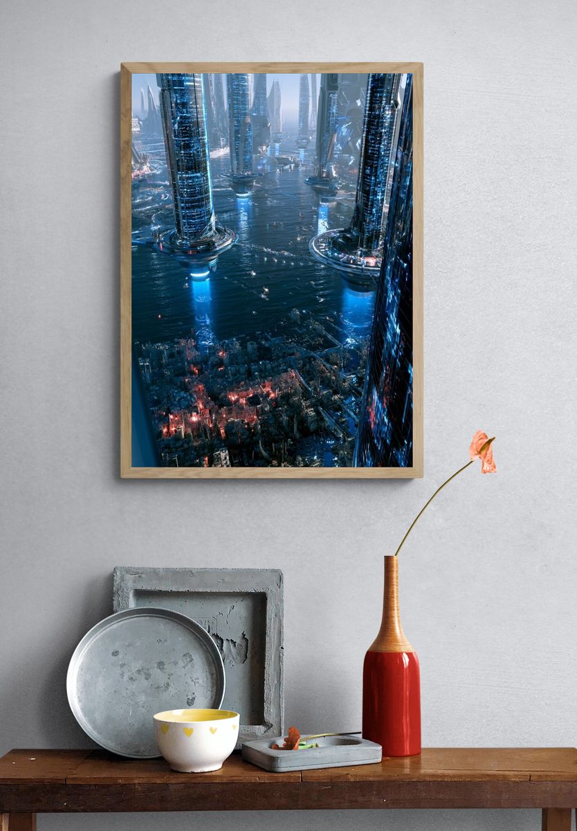 Futuristic Skyline Over Water Poster. — room view 3