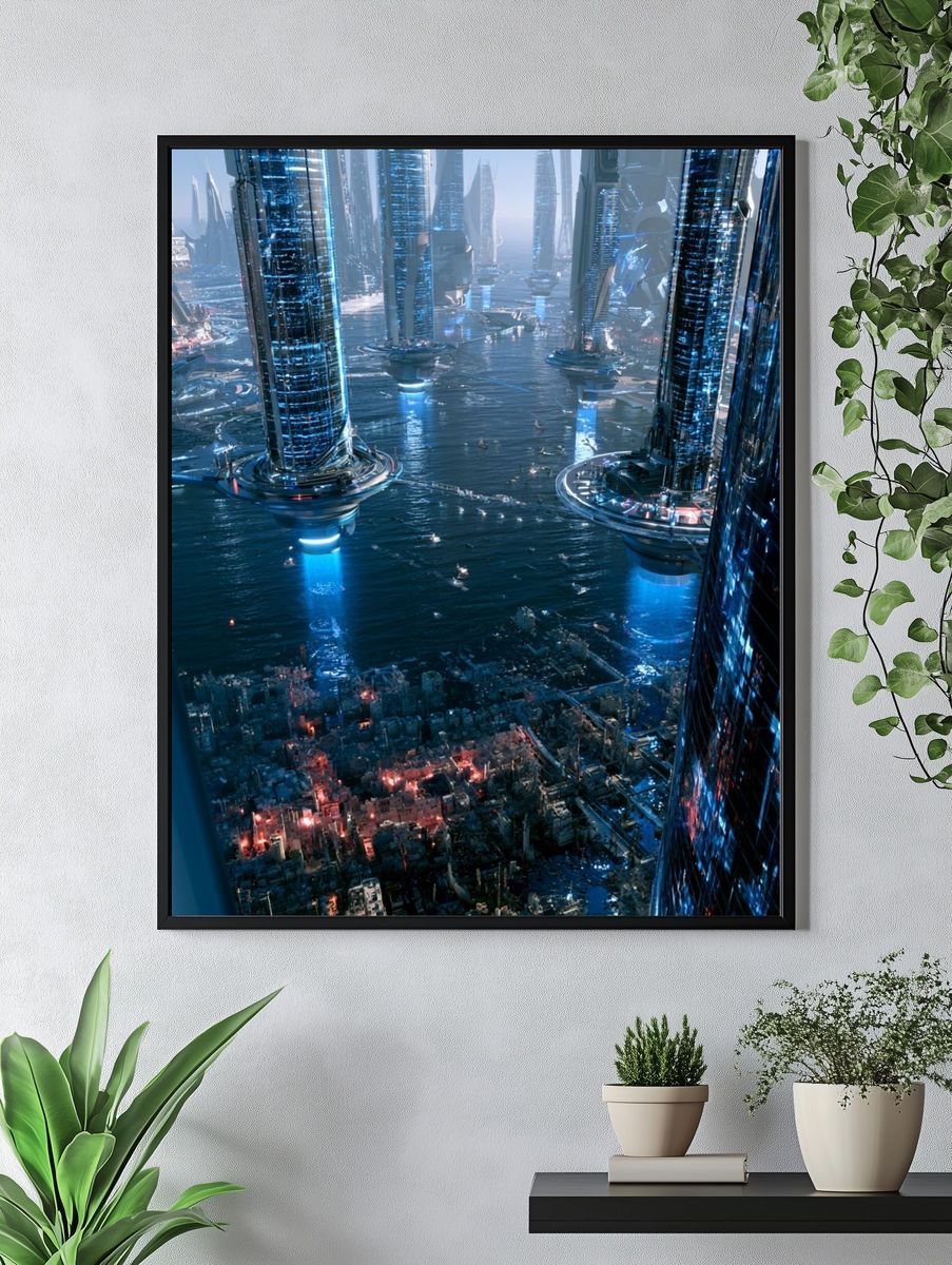 Futuristic Skyline Over Water Poster. — room view 4