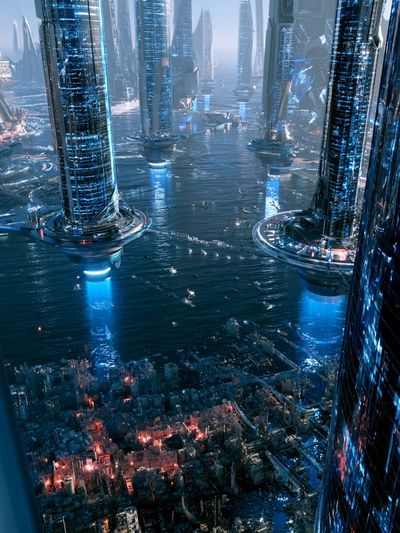 Futuristic Skyline Over Water Poster.